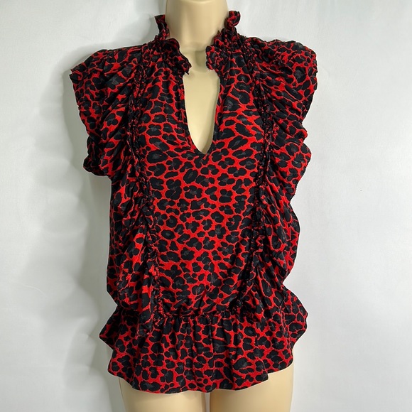 Zadig & Voltaire Tibo red leopard ruffle peplum top - Picture 2 of 9